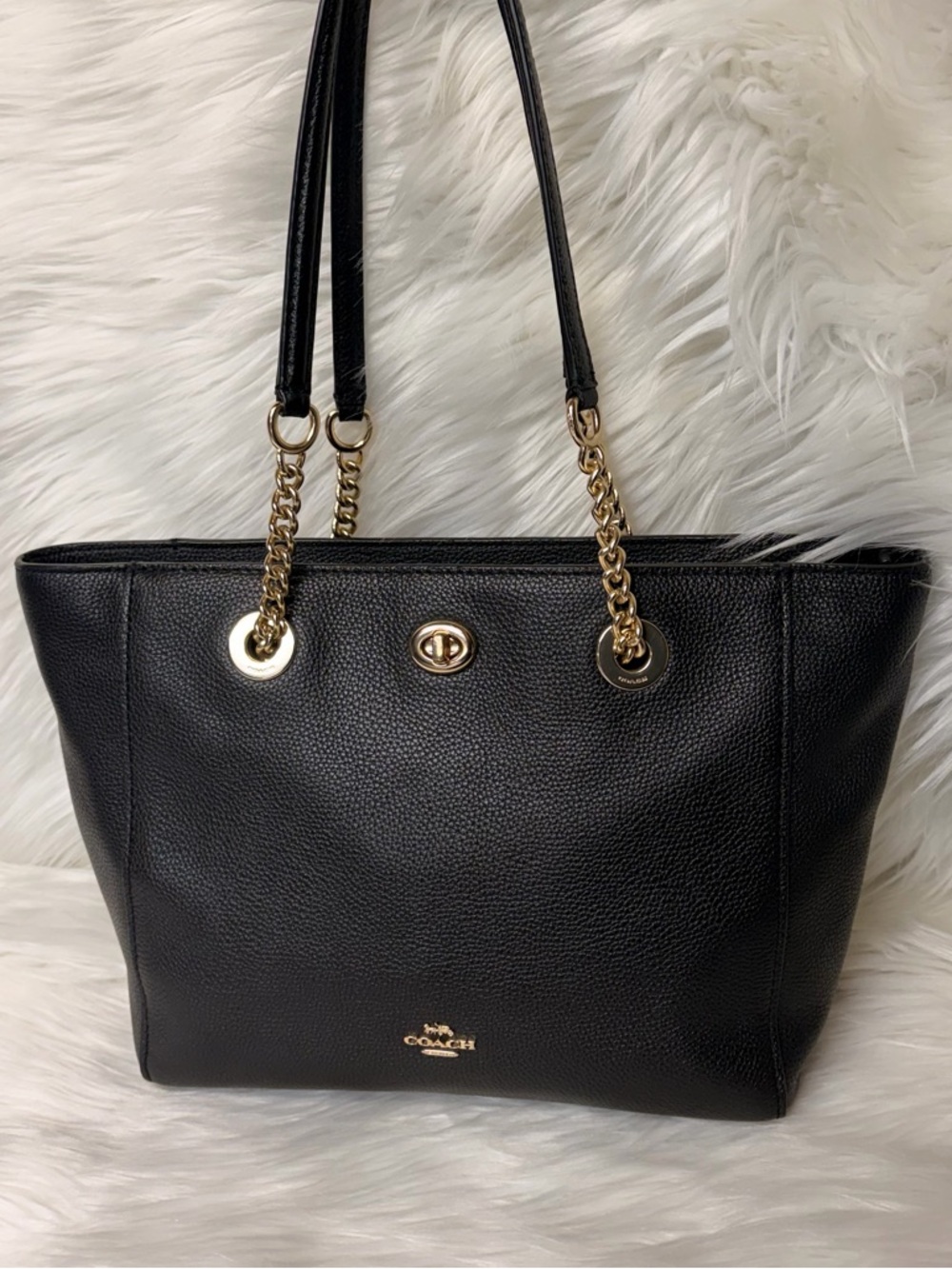 Coach Black Pebbled Leather Turnlock Chain Tote